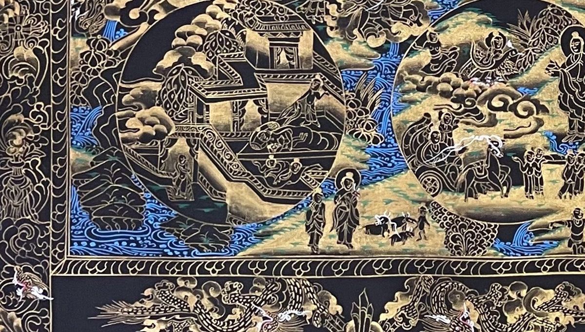 Buddha Life Story thangka, detail: bottom-left corner