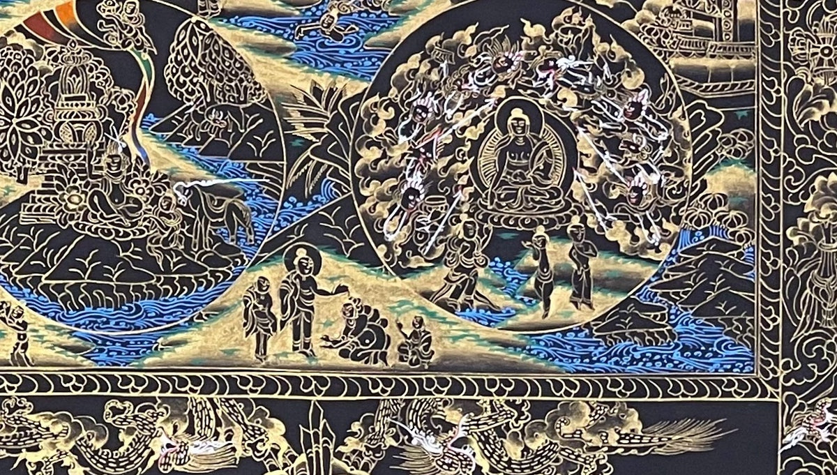 Buddha Life Story thangka, detail: bottom-right corner