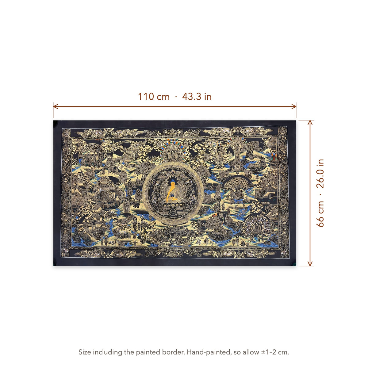 Size diagram: 110 × 66 cm (43.3 × 26.0 in), including the painted border