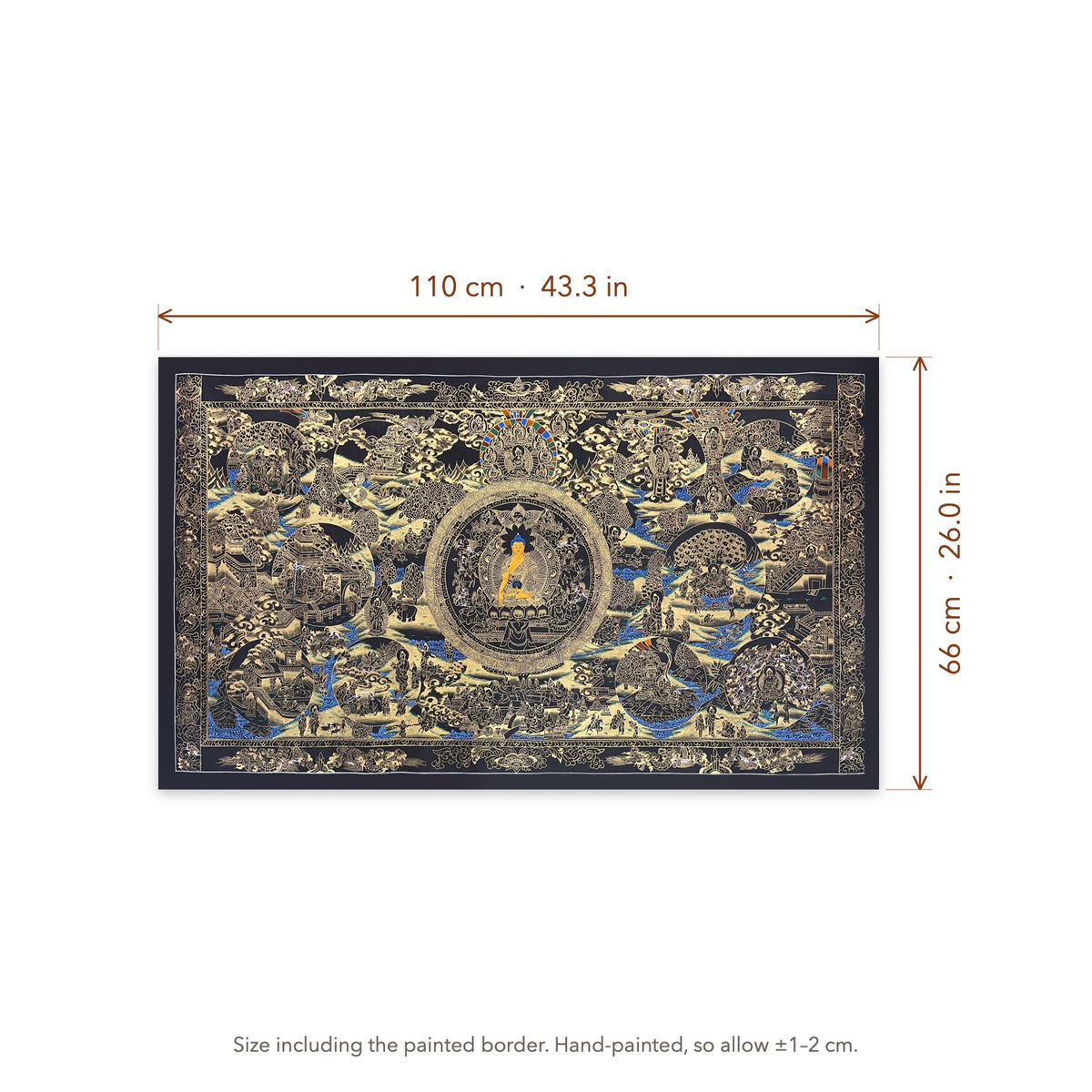Size diagram: 110 × 66 cm (43.3 × 26.0 in), including the painted border
