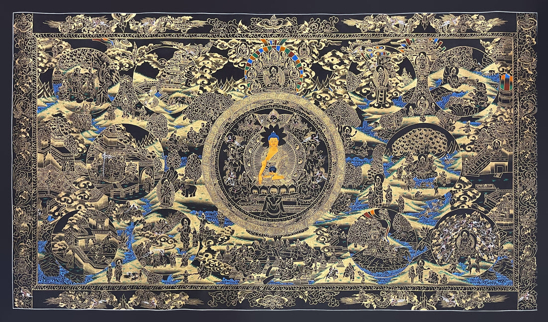 Buddha Life Story thangka, 110×66 cm: Shakyamuni in a central circle surrounded by scenes of his life, in gold-coloured line work on black
