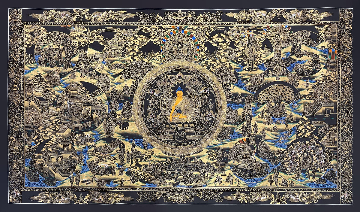 Buddha Life Story thangka, 110×66 cm: Shakyamuni in a central circle surrounded by scenes of his life, in gold-coloured line work on black