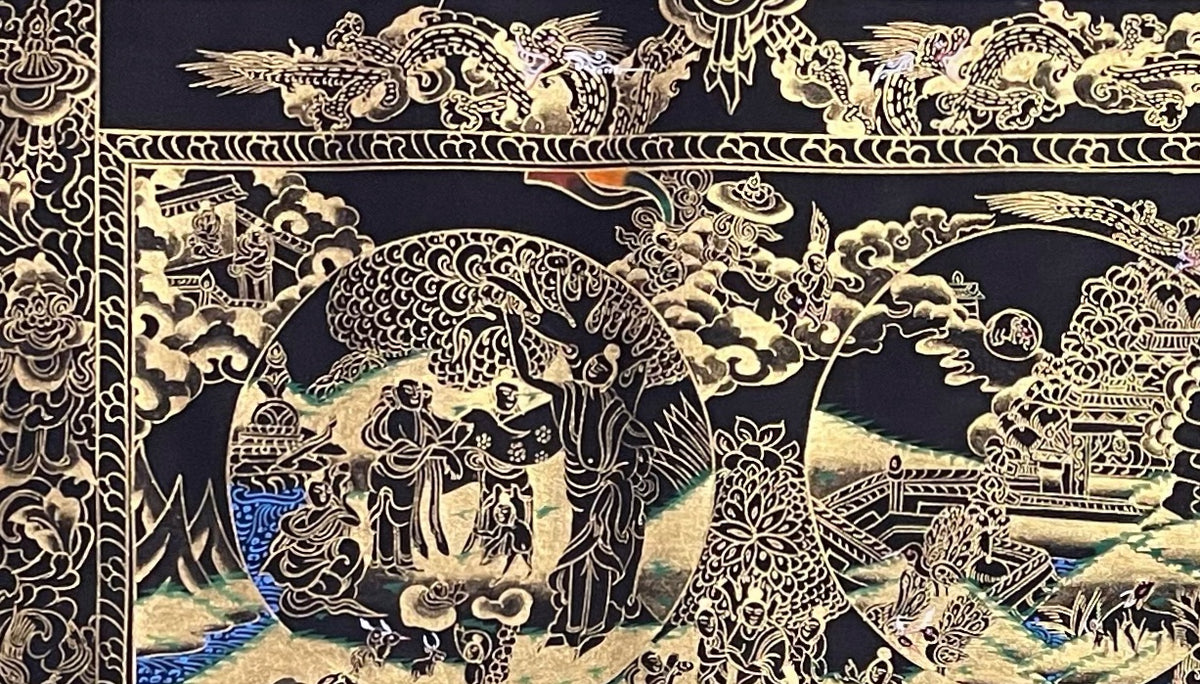 Buddha Life Story thangka, detail: top-left corner