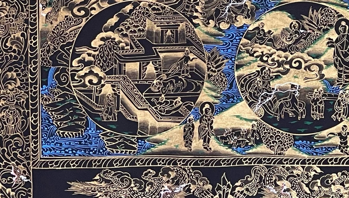Buddha Life Story thangka, detail: bottom-left corner
