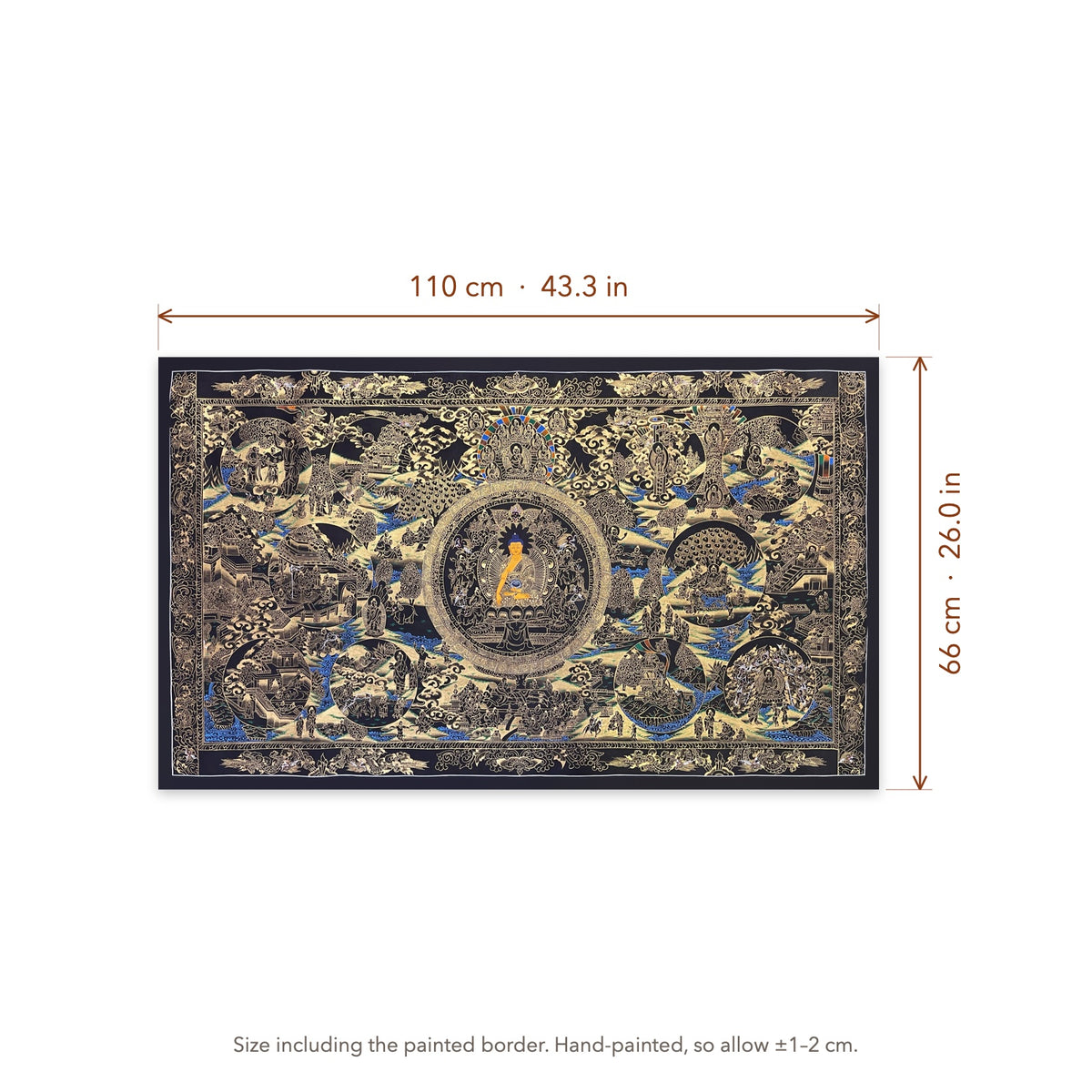 Size diagram: 110 × 66 cm (43.3 × 26.0 in), including the painted border