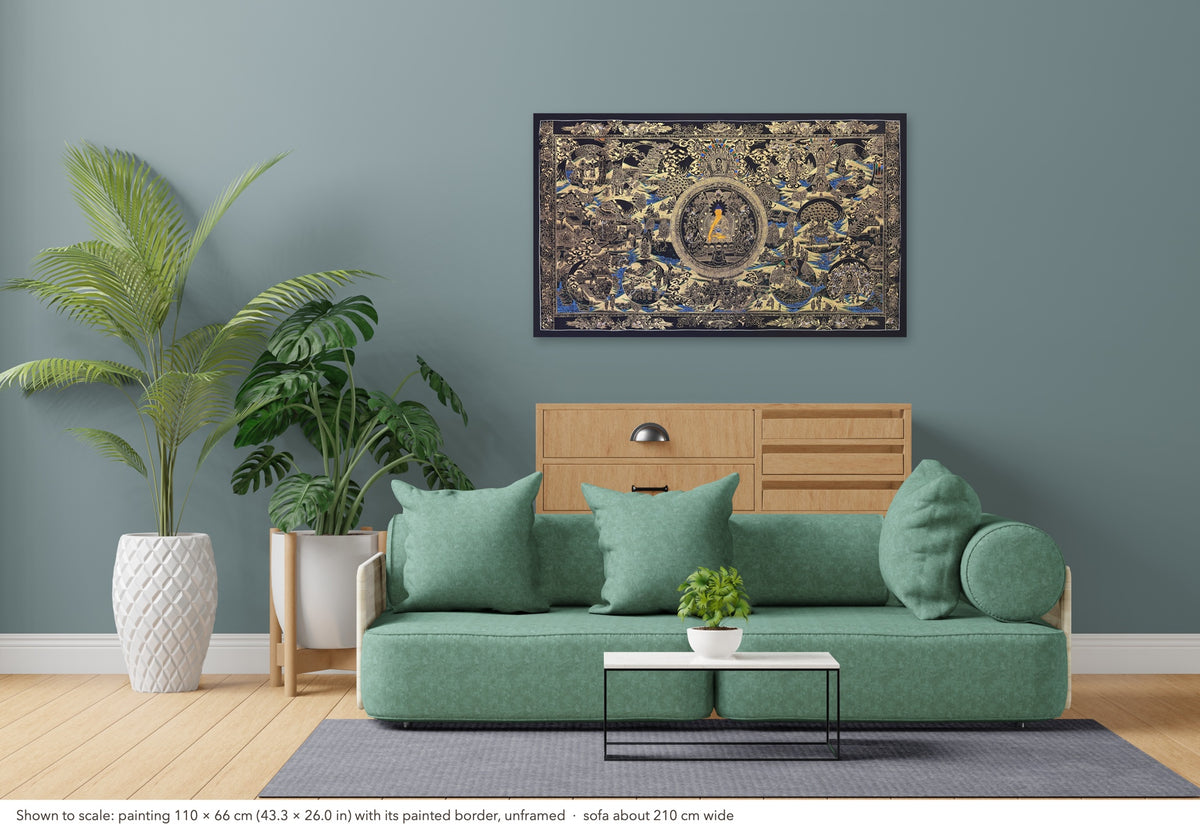 Buddha Life Story thangka shown to scale in a living room, unframed, above a sofa about 210 cm wide (110×66 cm)