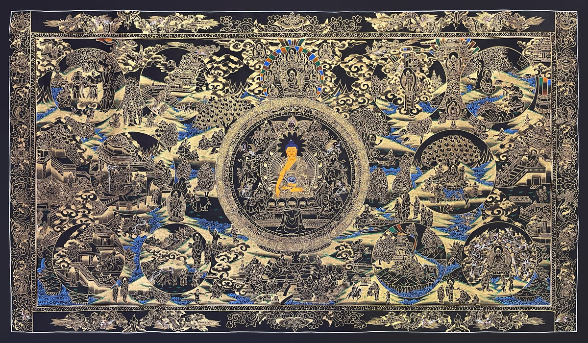 Buddha Life Story thangka, 110×66 cm: Shakyamuni at the centre surrounded by scenes of his life, in gold-coloured line work on black