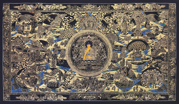 Buddha Life Story thangka, 110×66 cm: Shakyamuni at the centre surrounded by scenes of his life, in gold-coloured line work on black