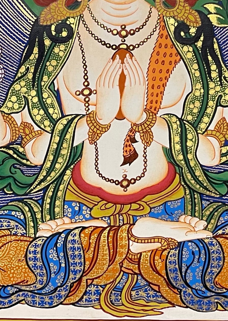 Chenrezig thangka, 52×69 cm: four-armed Chenrezig among peonies, with Manjushri and Vajrapani below
