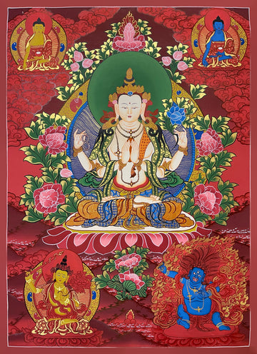 Chenrezig thangka, 52×69 cm: four-armed Chenrezig among peonies, with Manjushri and Vajrapani below