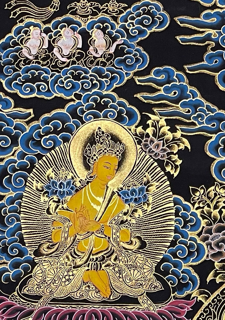 Shakyamuni Buddha thangka, detail: top-left corner