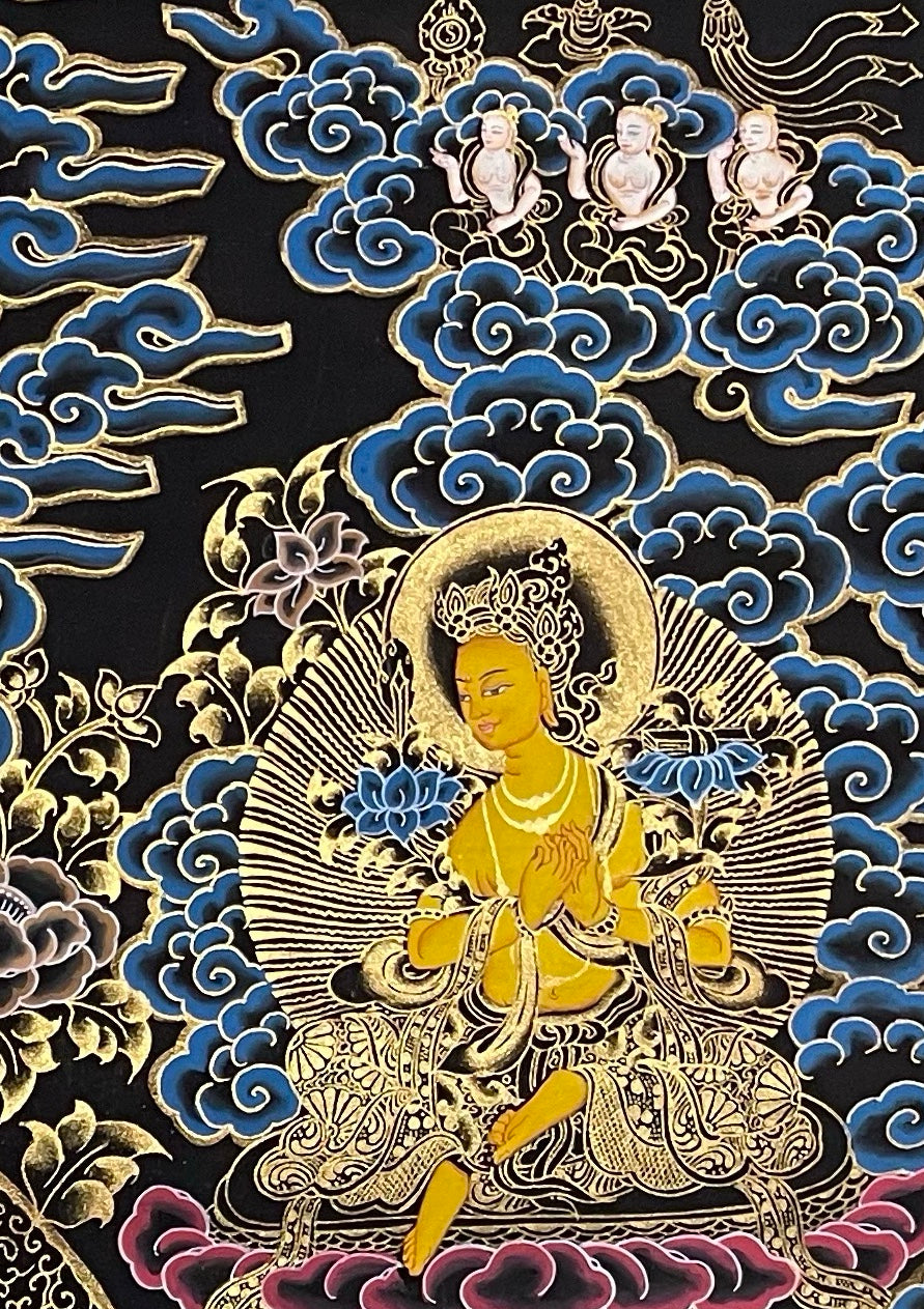 Shakyamuni Buddha thangka, detail: top-right corner