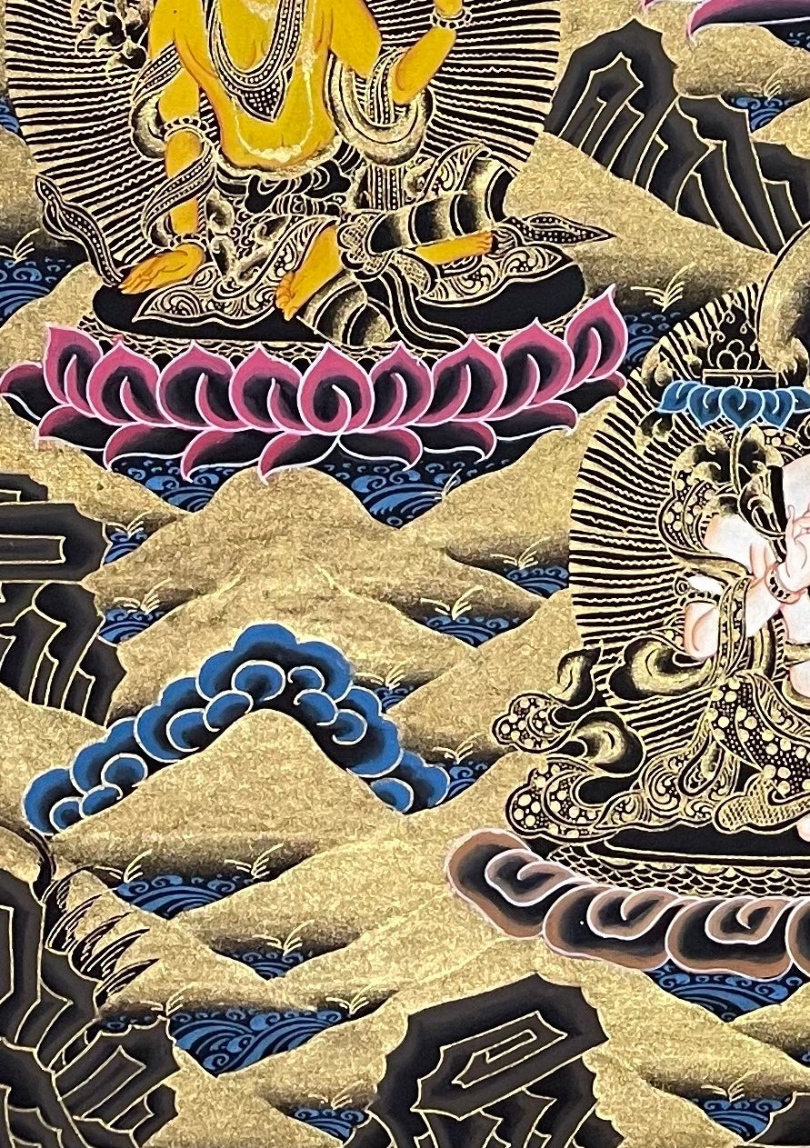 Shakyamuni Buddha thangka, detail: bottom-left corner