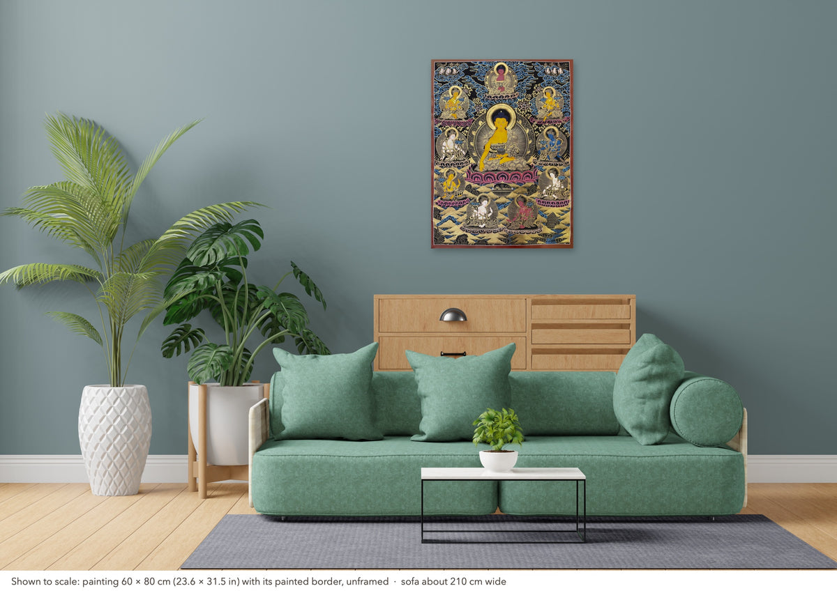 Shakyamuni Buddha thangka shown to scale in a living room, unframed, above a sofa about 210 cm wide (60×80 cm)