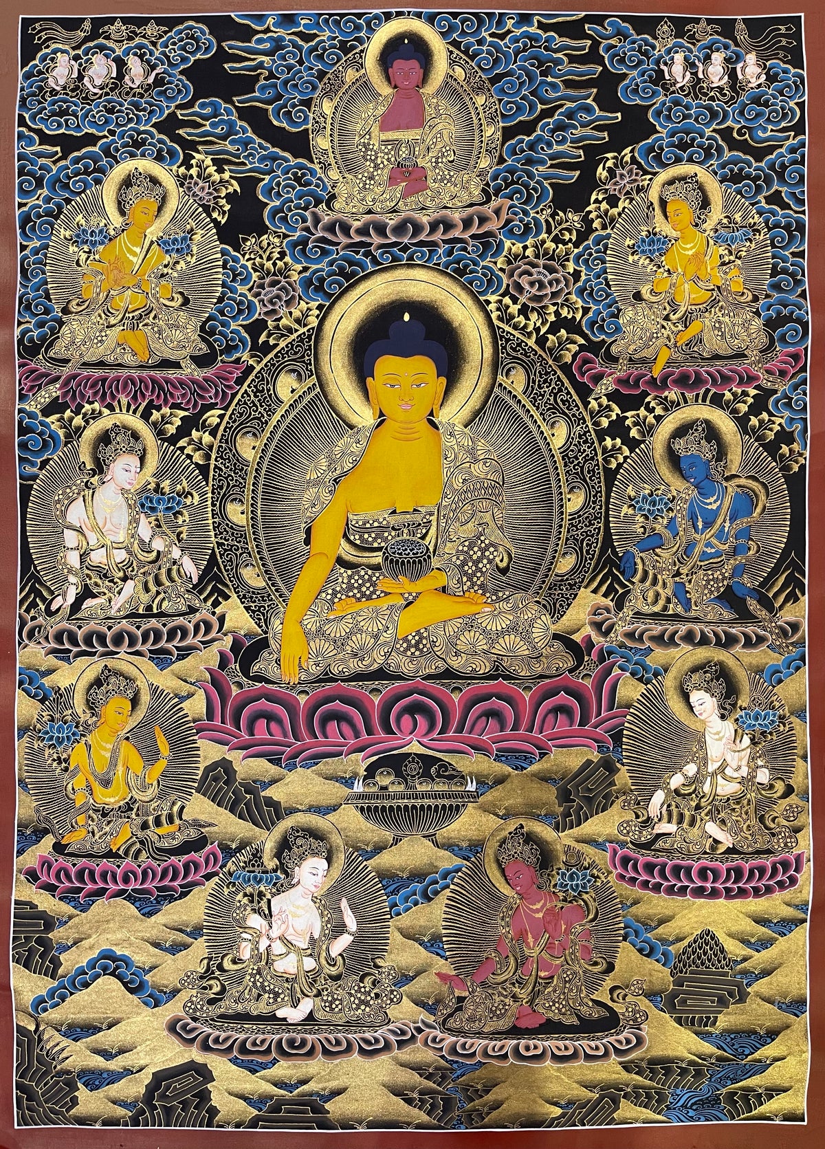 Shakyamuni Buddha with the Eight Great Bodhisattvas thangka, 60×80 cm: Shakyamuni with eight bodhisattvas around him