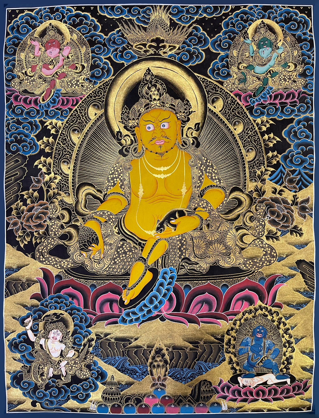 Jambhala thangka, 51×67 cm: Yellow Jambhala in black and gold, with the red, green, white and black Jambhalas