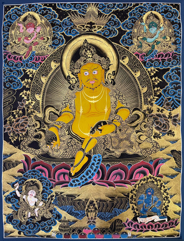 Jambhala thangka, 51×67 cm: Yellow Jambhala in black and gold, with the red, green, white and black Jambhalas