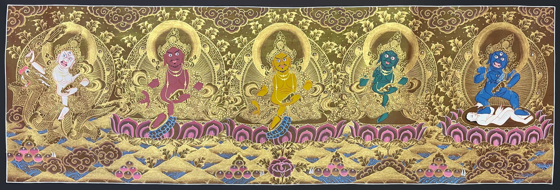 Jambhala Set thangka, 109×40 cm: five Jambhalas in a row, in gold-coloured line work on olive-brown