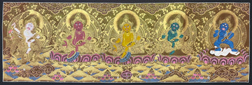 Jambhala Set thangka, 109×40 cm: five Jambhalas in a row, in gold-coloured line work on olive-brown