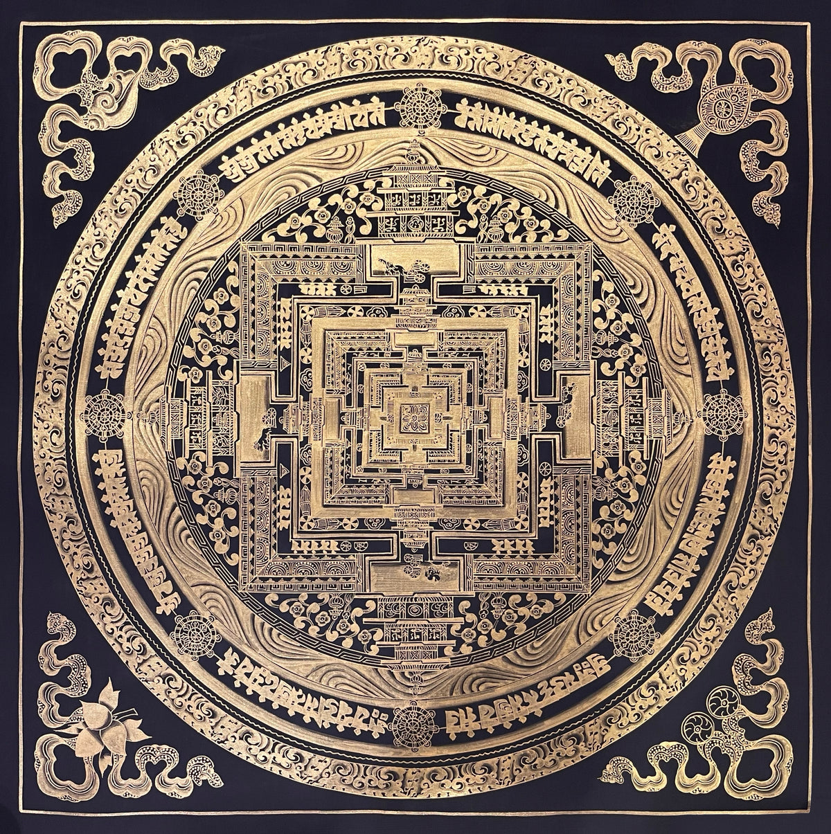 Kalachakra Mandala thangka, 55×55 cm: Kalachakra palace mandala drawn entirely in gold-coloured line work on black
