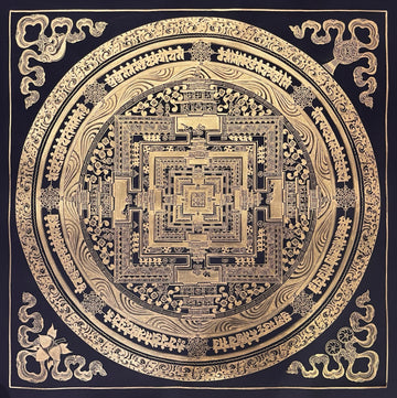 Kalachakra Mandala thangka, 55×55 cm: Kalachakra palace mandala drawn entirely in gold-coloured line work on black