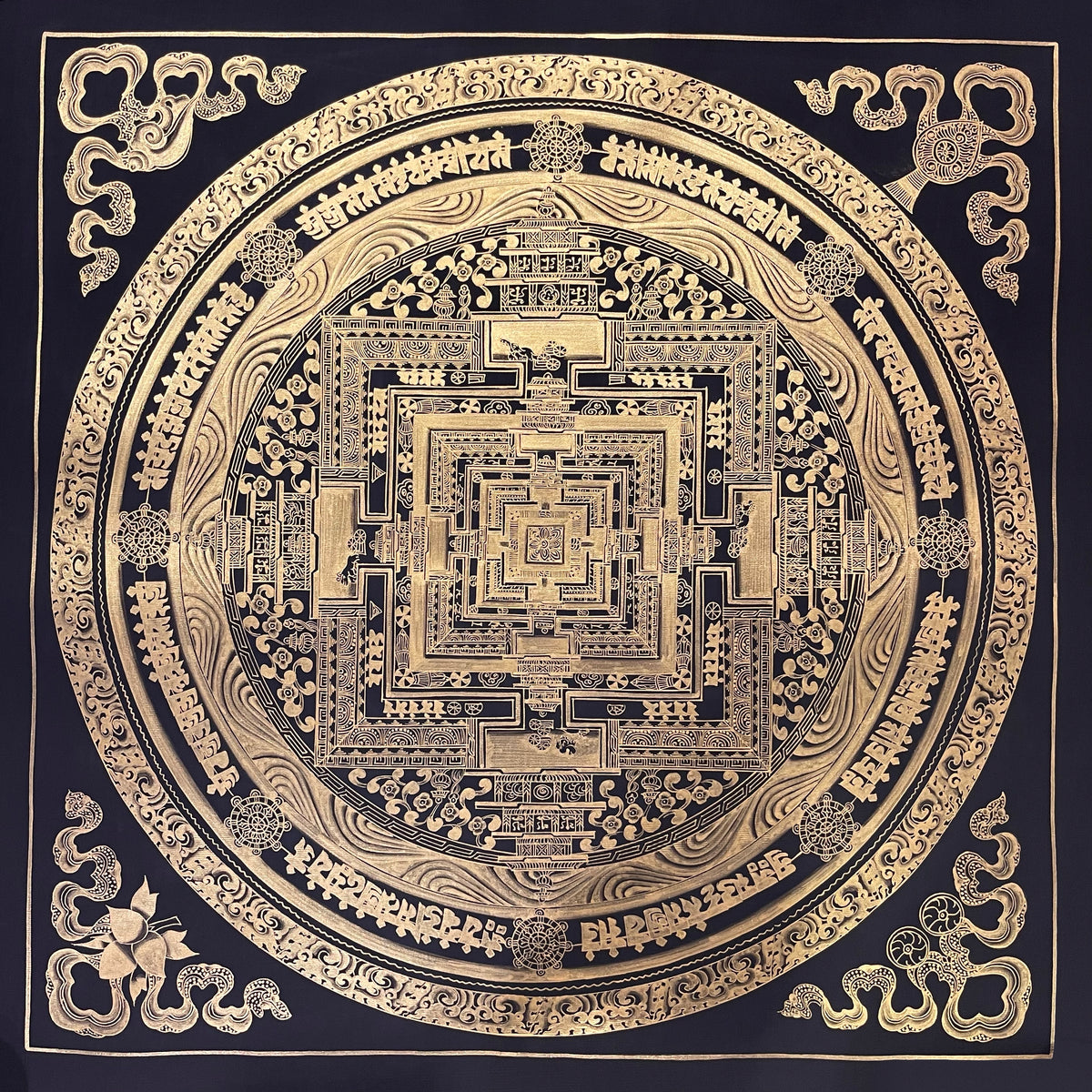 Kalachakra Mandala thangka, 55×55 cm: Kalachakra palace mandala drawn entirely in gold-coloured line work on black