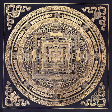 Kalachakra Mandala thangka, 55×55 cm: Kalachakra palace mandala drawn entirely in gold-coloured line work on black