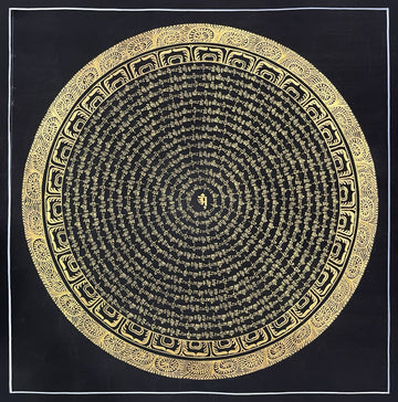 Mantra Mandala thangka, 54×54 cm: concentric rings of gold-coloured mantra script on black around a single syllable