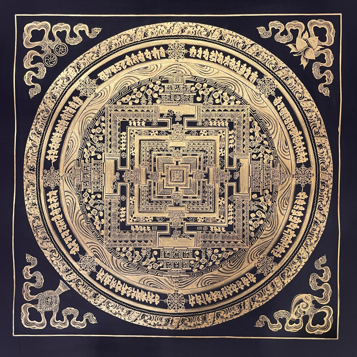 Kalachakra Mandala thangka, 55×55 cm: Kalachakra palace mandala drawn entirely in gold-coloured line work on black