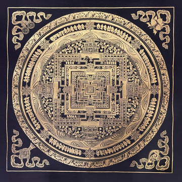Kalachakra Mandala thangka, 55×55 cm: Kalachakra palace mandala drawn entirely in gold-coloured line work on black