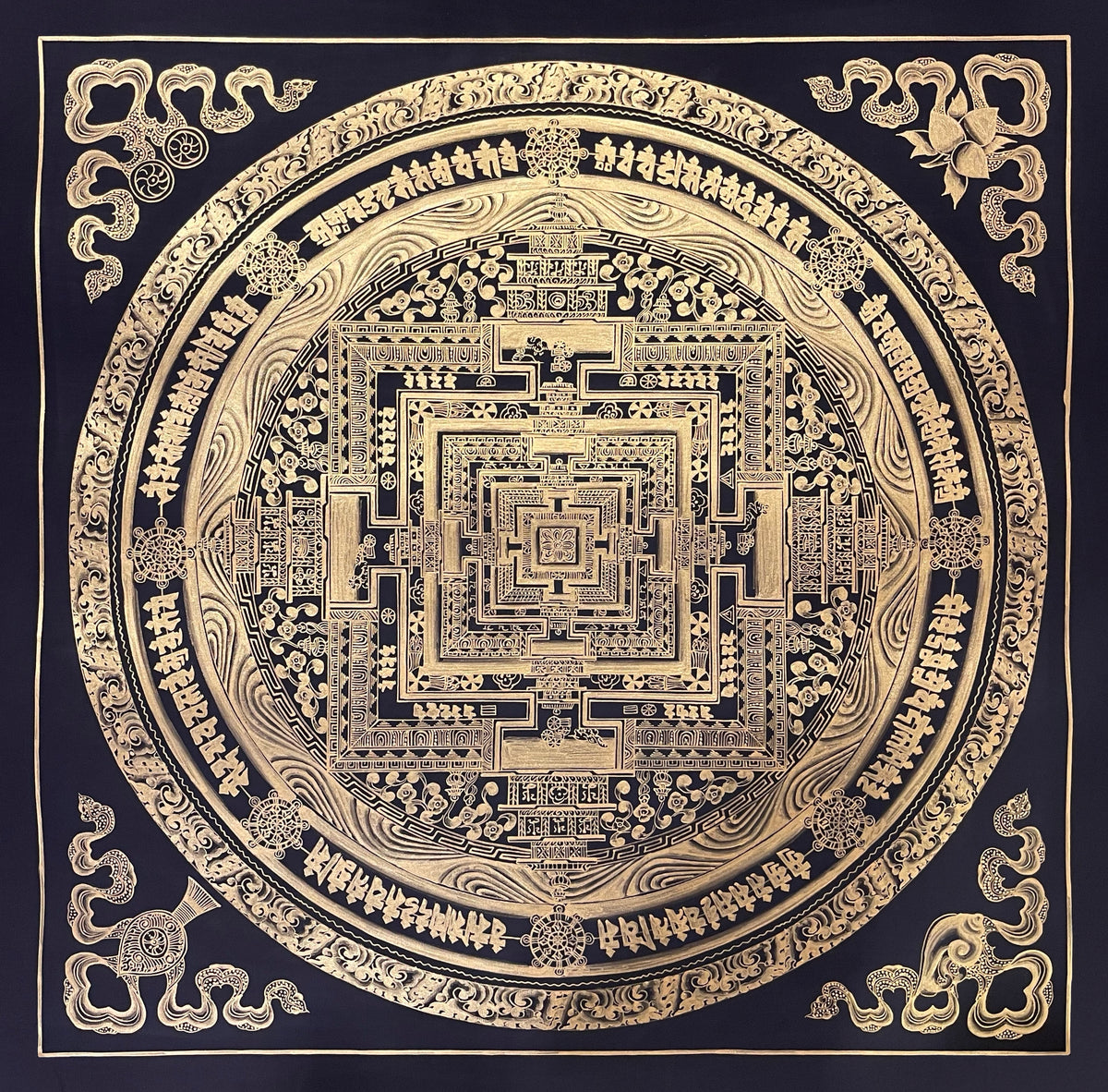 Kalachakra Mandala thangka, 55×55 cm: Kalachakra palace mandala drawn entirely in gold-coloured line work on black