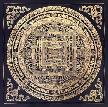 Kalachakra Mandala thangka, 55×55 cm: Kalachakra palace mandala drawn entirely in gold-coloured line work on black