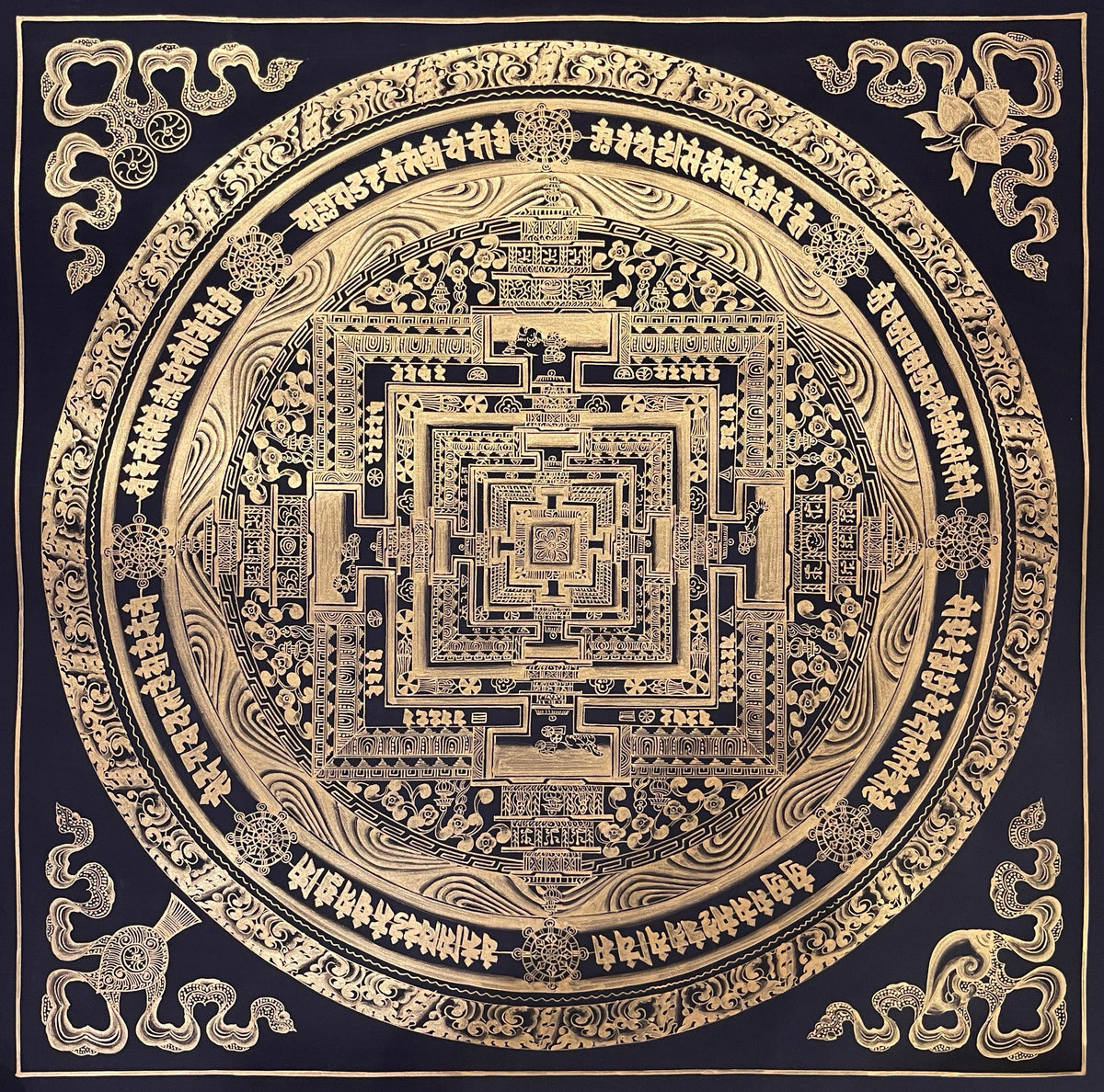 Kalachakra Mandala thangka, 55×55 cm: Kalachakra palace mandala drawn entirely in gold-coloured line work on black