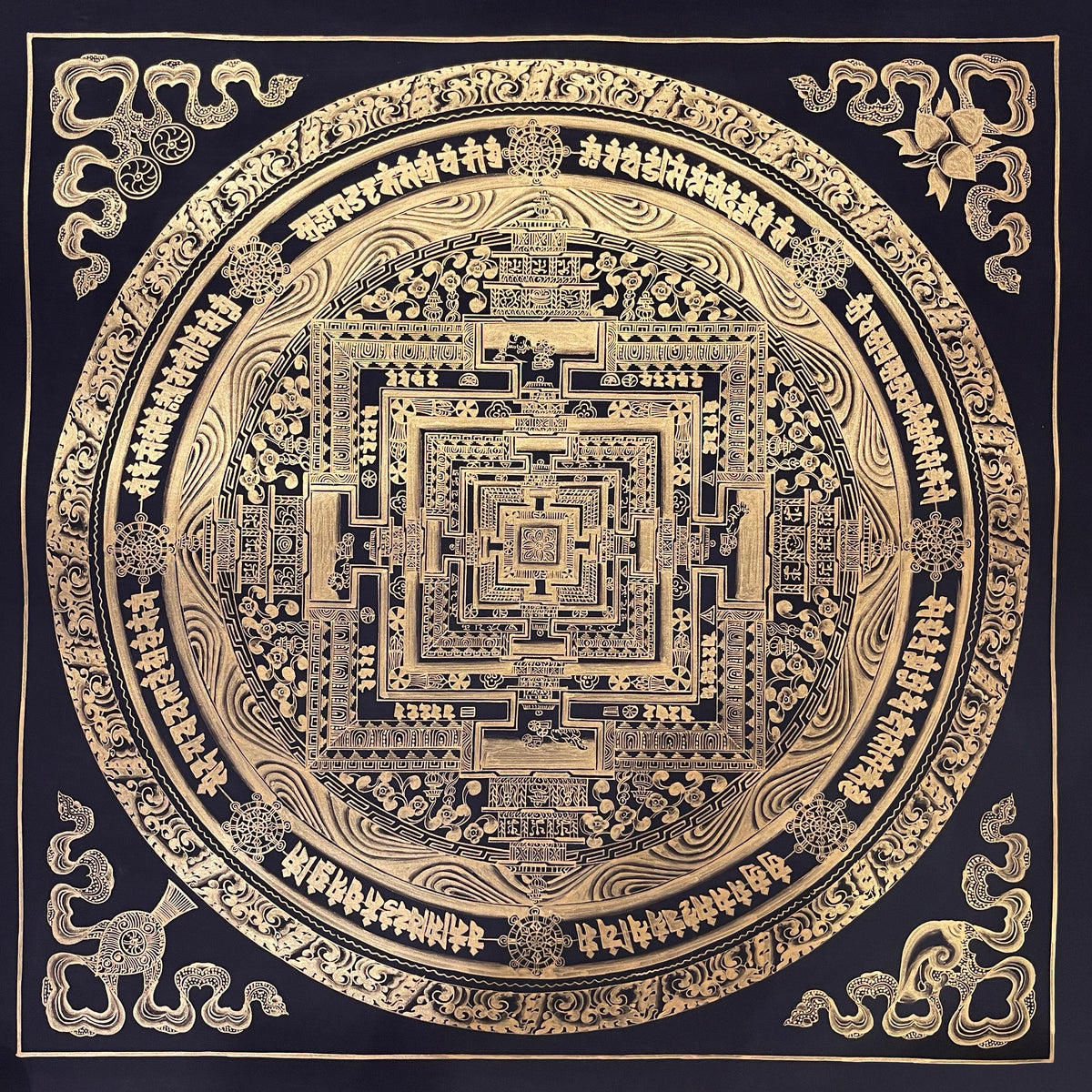 Kalachakra Mandala thangka, 55×55 cm: Kalachakra palace mandala drawn entirely in gold-coloured line work on black