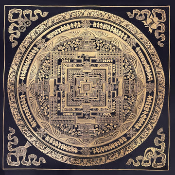 Kalachakra Mandala thangka, 55×55 cm: Kalachakra palace mandala drawn entirely in gold-coloured line work on black
