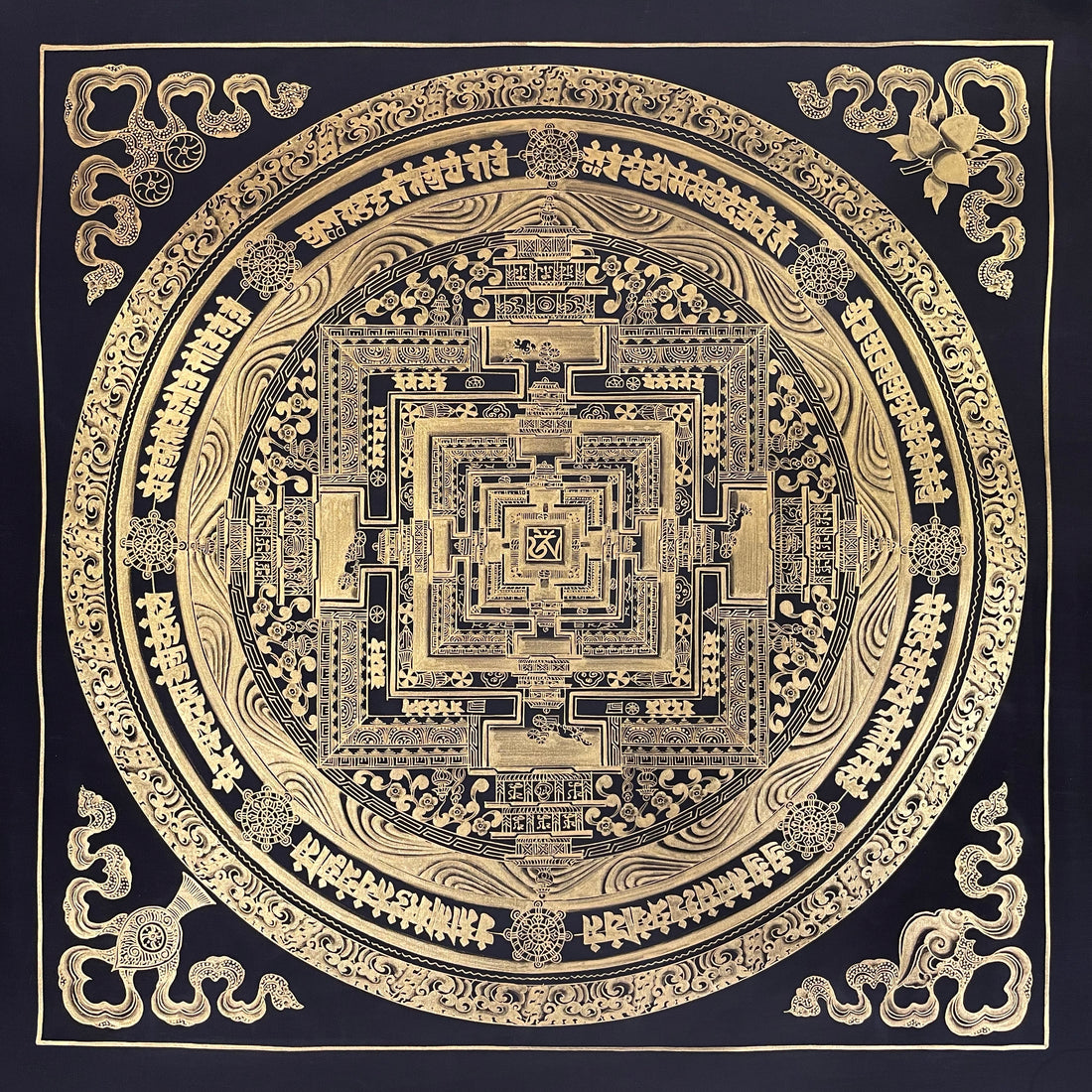 Kalachakra Mandala thangka, 55×55 cm: Kalachakra palace mandala drawn entirely in gold-coloured line work on black