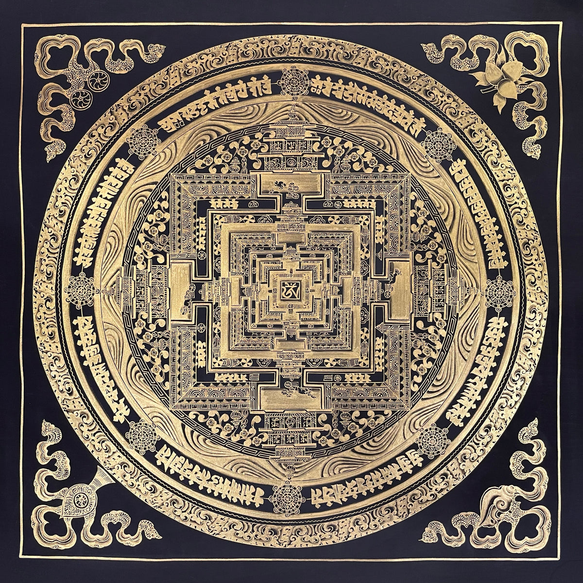 Kalachakra Mandala thangka, 55×55 cm: Kalachakra palace mandala drawn entirely in gold-coloured line work on black