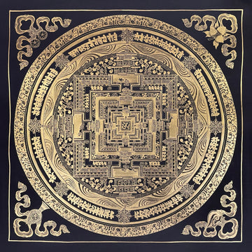 Kalachakra Mandala thangka, 55×55 cm: Kalachakra palace mandala drawn entirely in gold-coloured line work on black