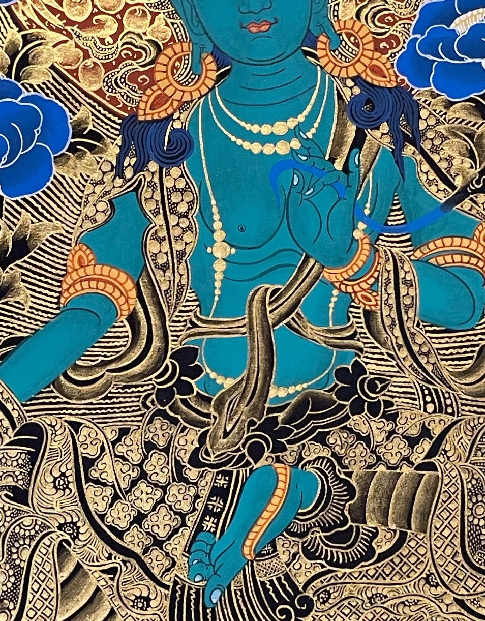 Green Tara thangka, 53×68 cm: Green Tara with Shakyamuni and Medicine Buddha above and Saraswati below, in gold-coloured line work on black