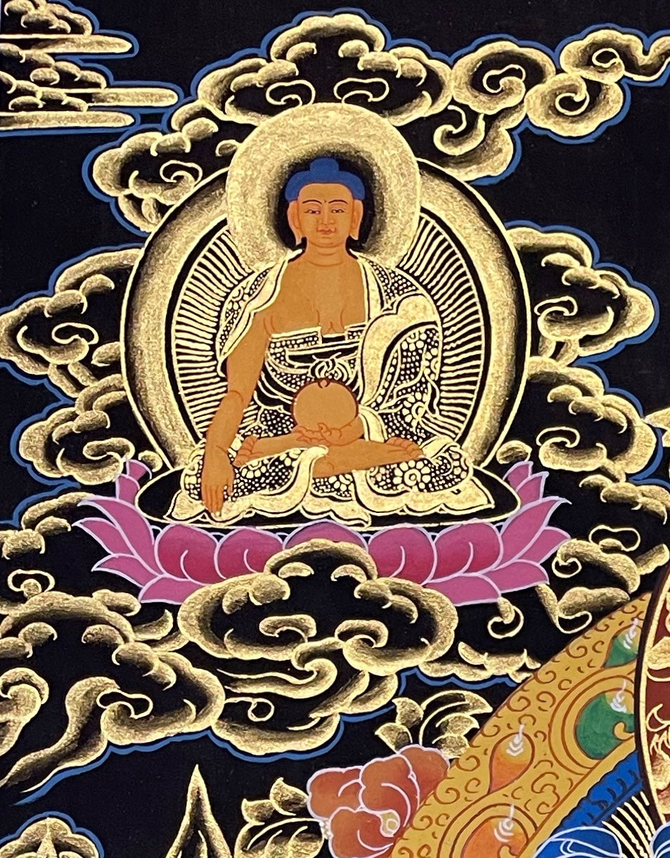 Green Tara thangka, detail: top-left corner