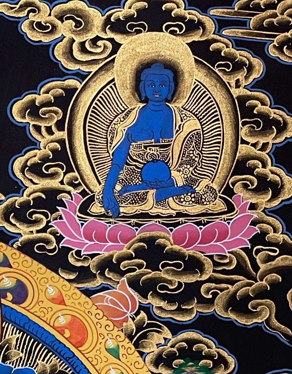 Green Tara thangka, detail: top-right corner