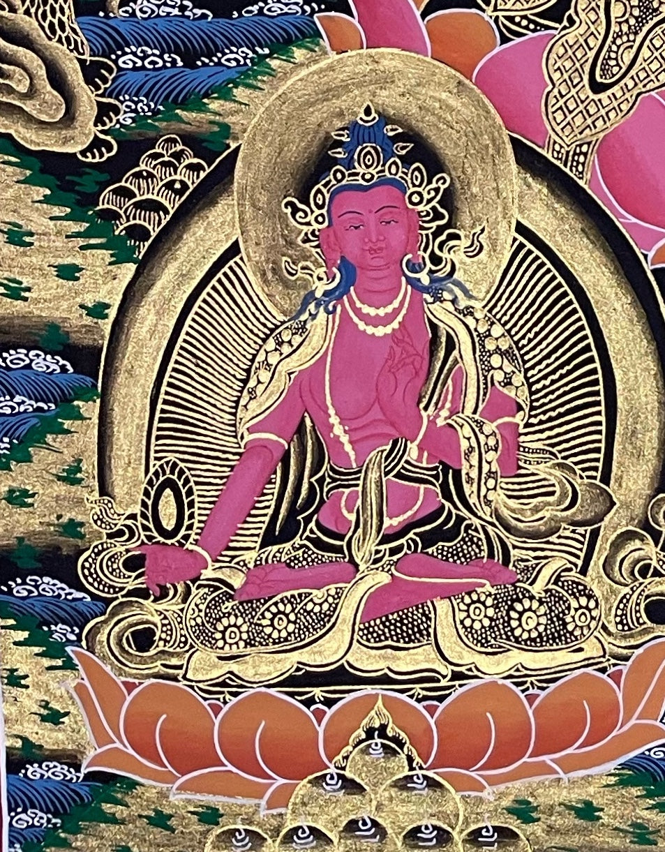 Green Tara thangka, detail: bottom-left corner