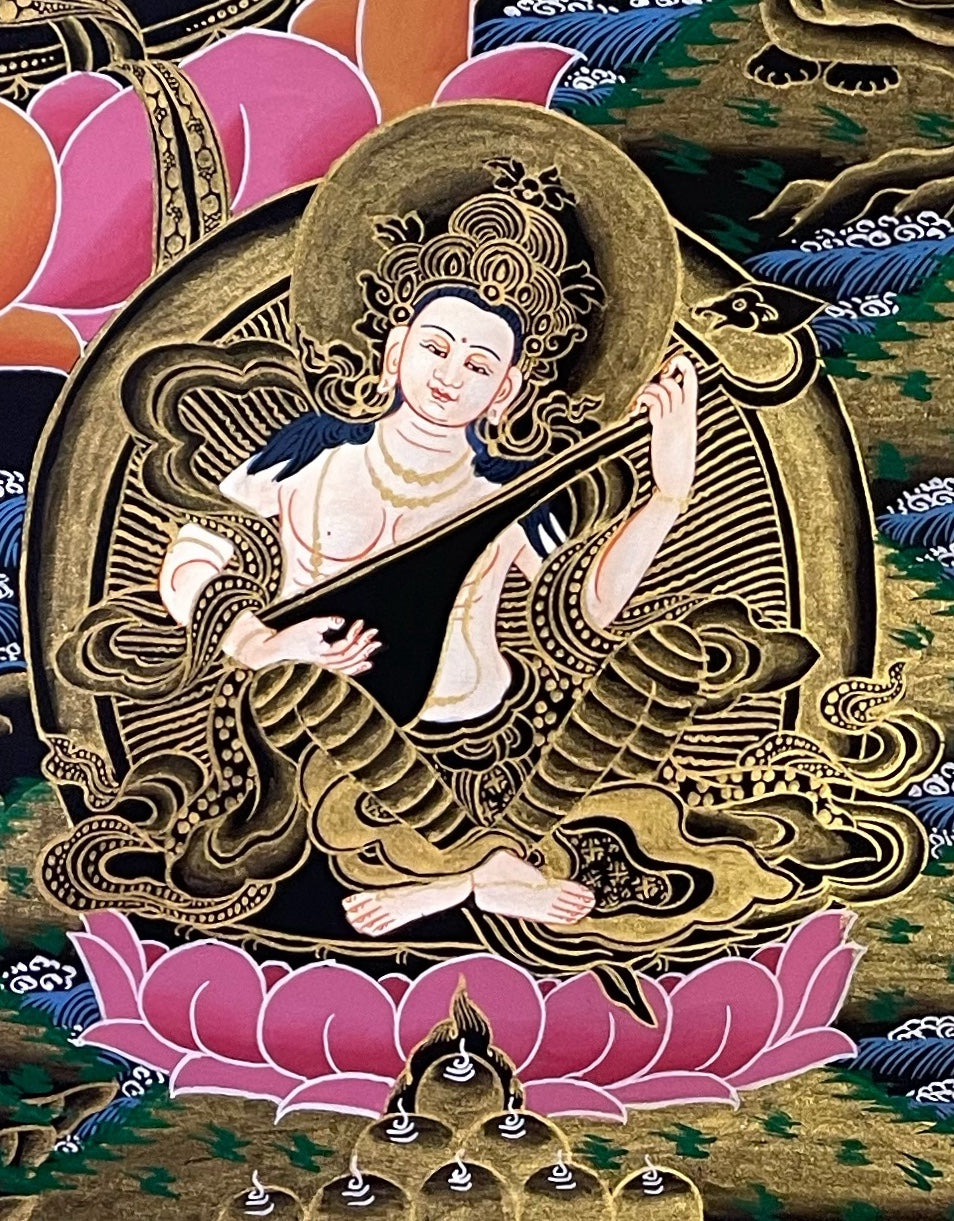 Green Tara thangka, detail: bottom-right corner
