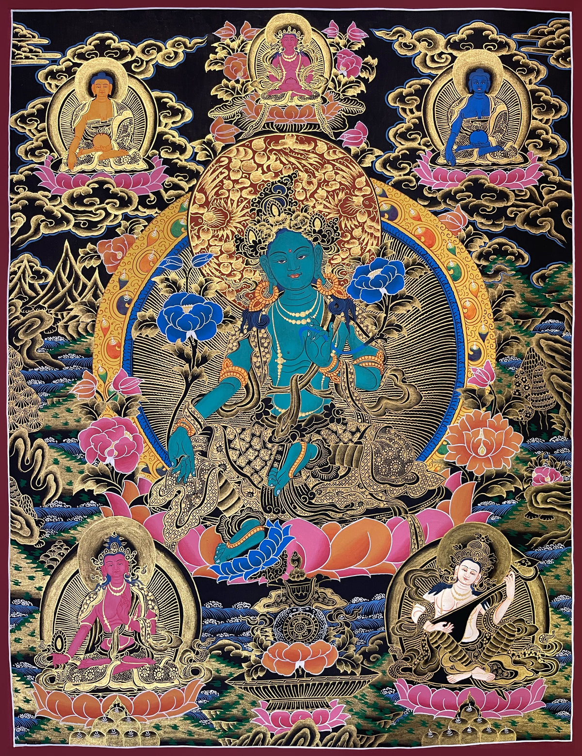 Green Tara thangka, 53×68 cm: Green Tara with Shakyamuni and Medicine Buddha above and Saraswati below, in gold-coloured line work on black