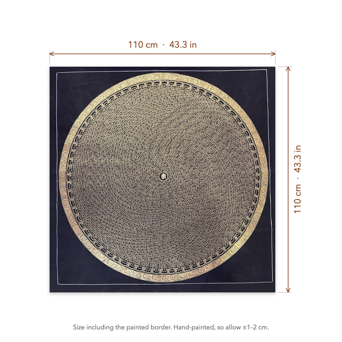 Size diagram: 110 × 110 cm (43.3 × 43.3 in), including the painted border