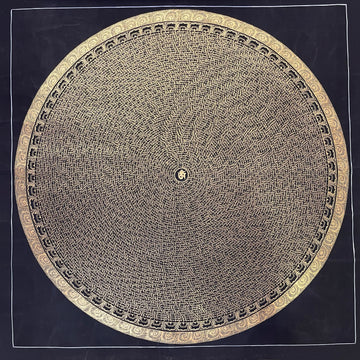 Mantra Mandala thangka, 110×110 cm: a spiral of gold-coloured mantra syllables on black around a central Om