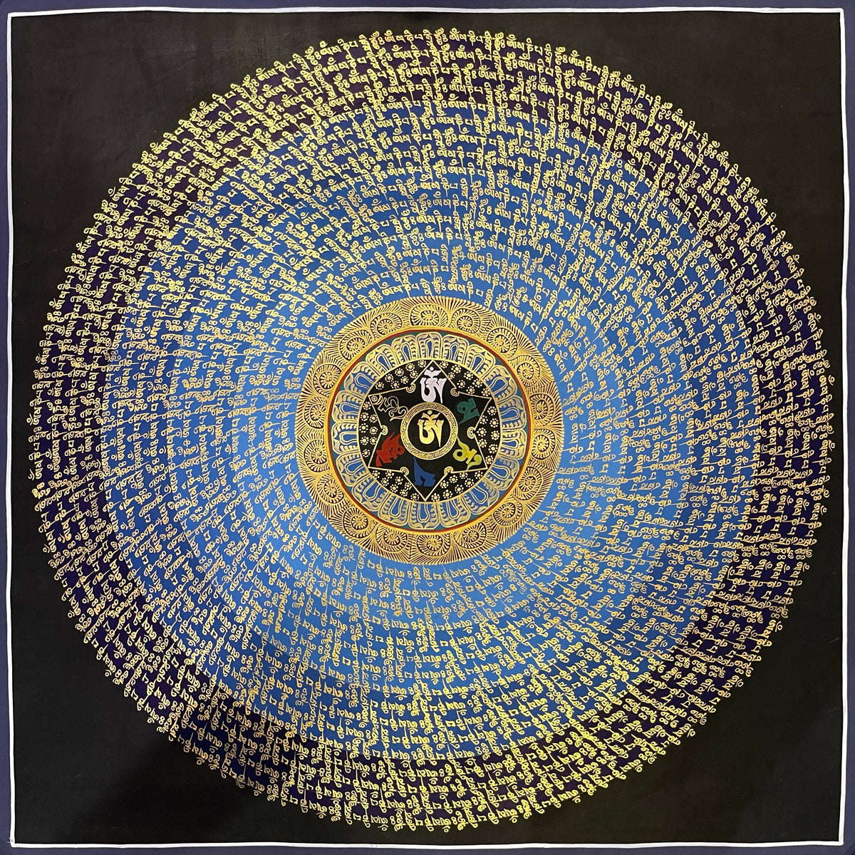 Mantra Mandala thangka, 75×75 cm: a gold-coloured Om in a six-pointed star, ringed by gold-coloured mantra script on a blue disc