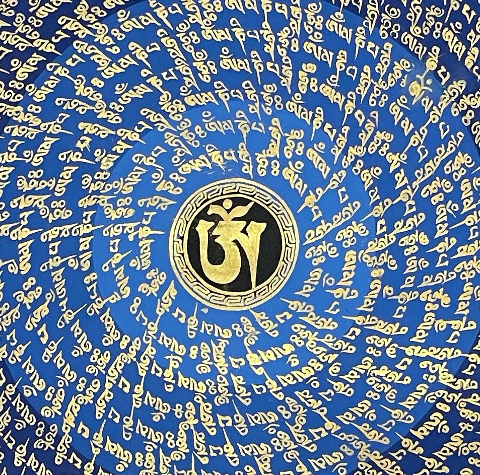 Mantra Mandala thangka, 75×75 cm: rings of gold-coloured mantra script on a blue disc around a central Om, with an outer ring of script on black