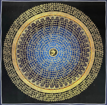 Mantra Mandala thangka, 75×75 cm: rings of gold-coloured mantra script on a blue disc around a central Om, with an outer ring of script on black