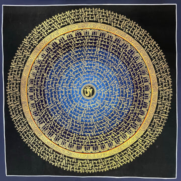 Mantra Mandala thangka, 75×75 cm: rings of gold-coloured mantra script on a blue disc around a central Om, with an outer ring of script on black